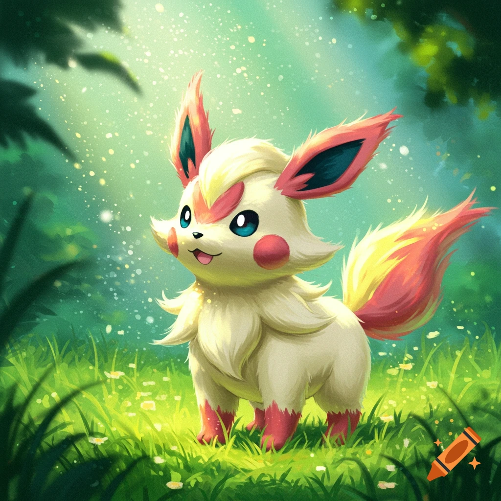 A cute, stylized creature resembling a Pokemon stands in a sunny meadow with light speckles.