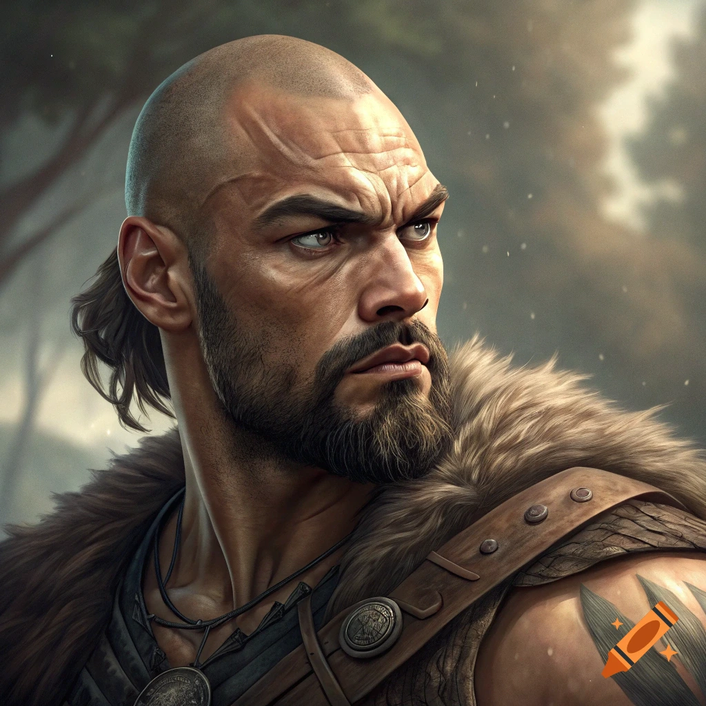 Close-up portrait of a bald man with a beard wearing fur, like a warrior.