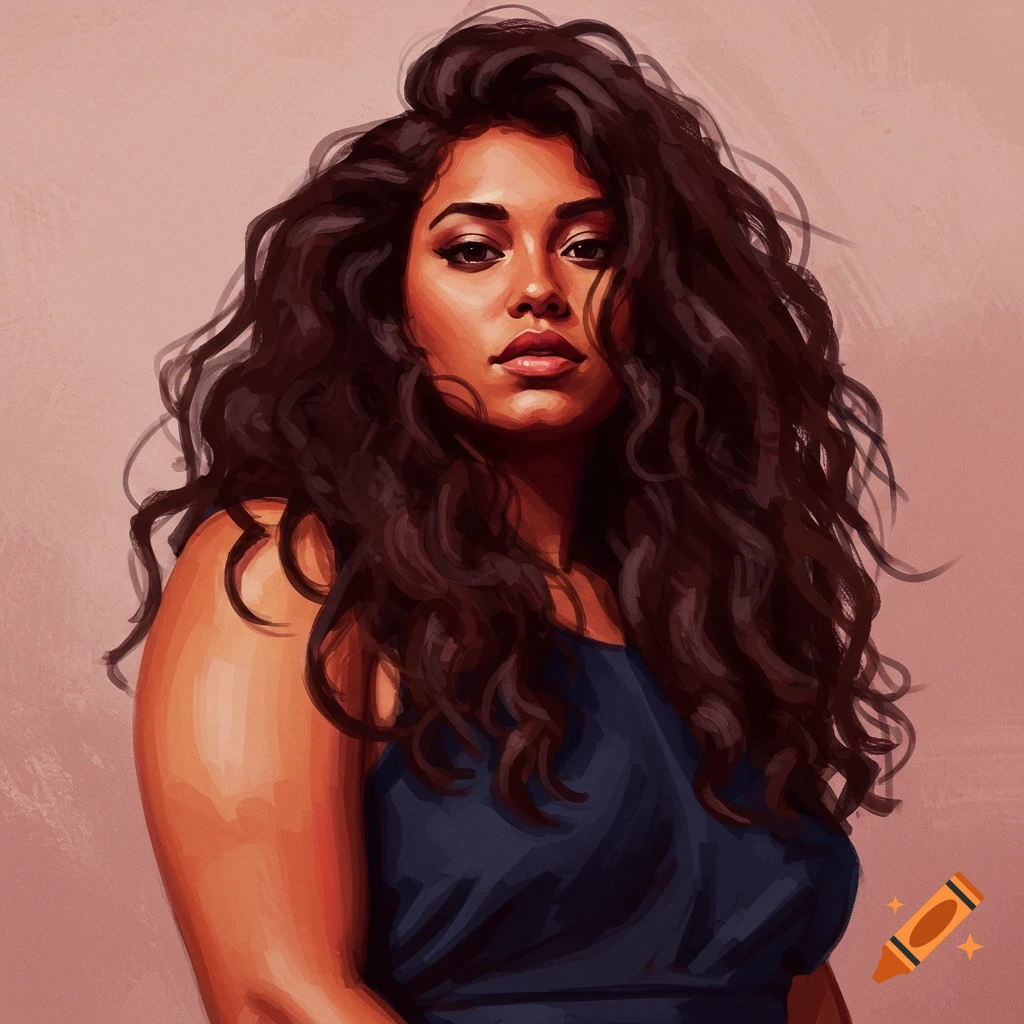 A confident woman with long dark curly hair