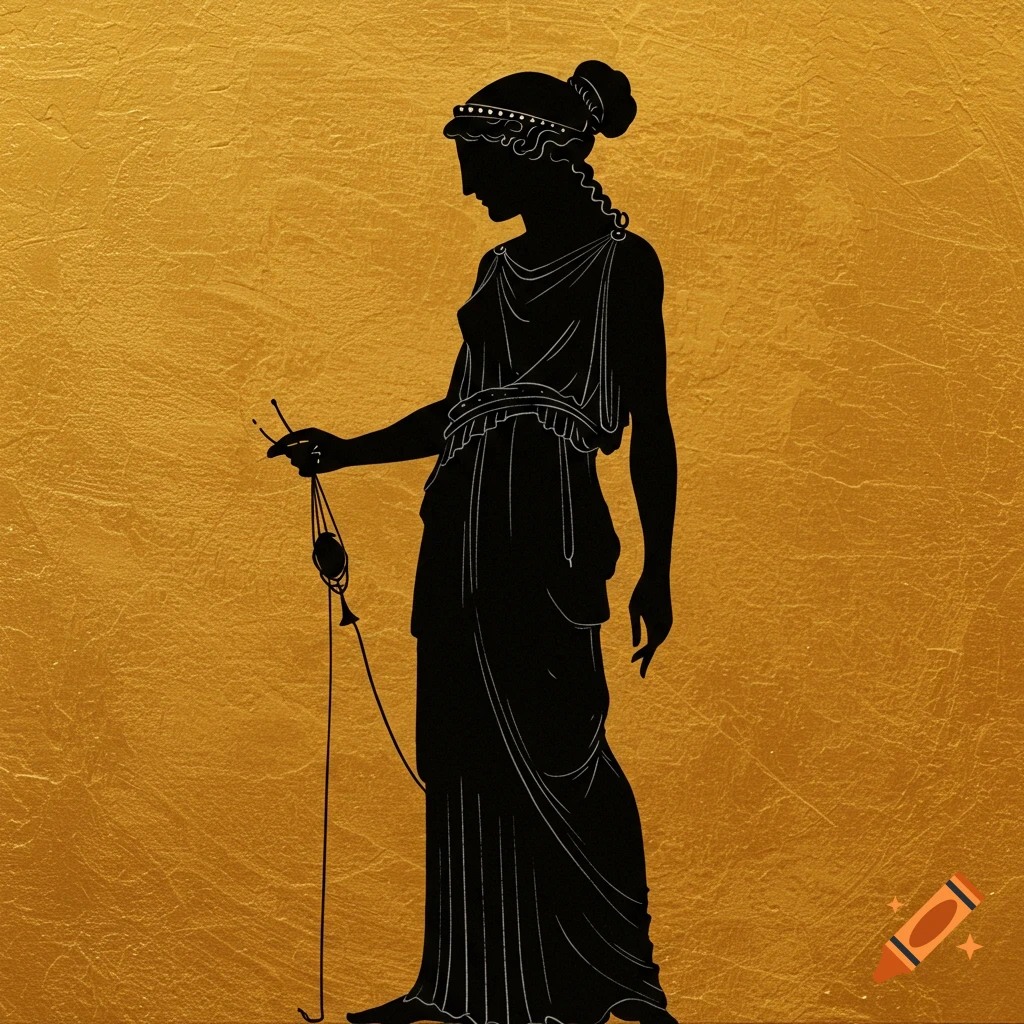 Silhouette of a woman in Ancient Greek attire holding a spindle against a gold background in the style of Greek art.