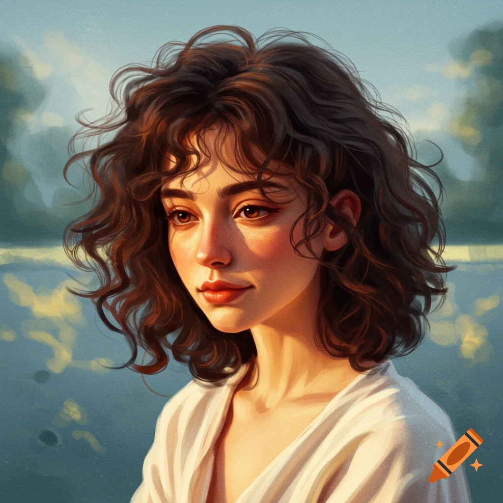 A young woman with messy dark brown curls in warm light