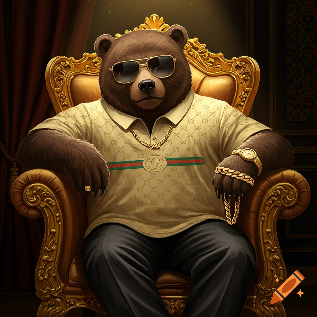 A brown bear wearing sunglasses, a patterned polo shirt, and gold jewelry, sitting on a golden ornate throne.