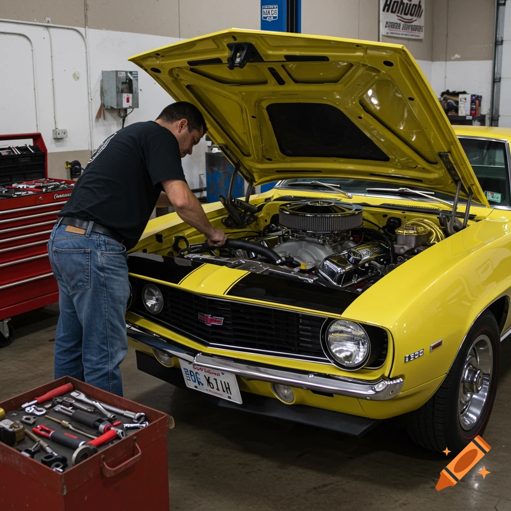 A man works on the engine of a yellow classic Chevrolet Camaro in a garage.