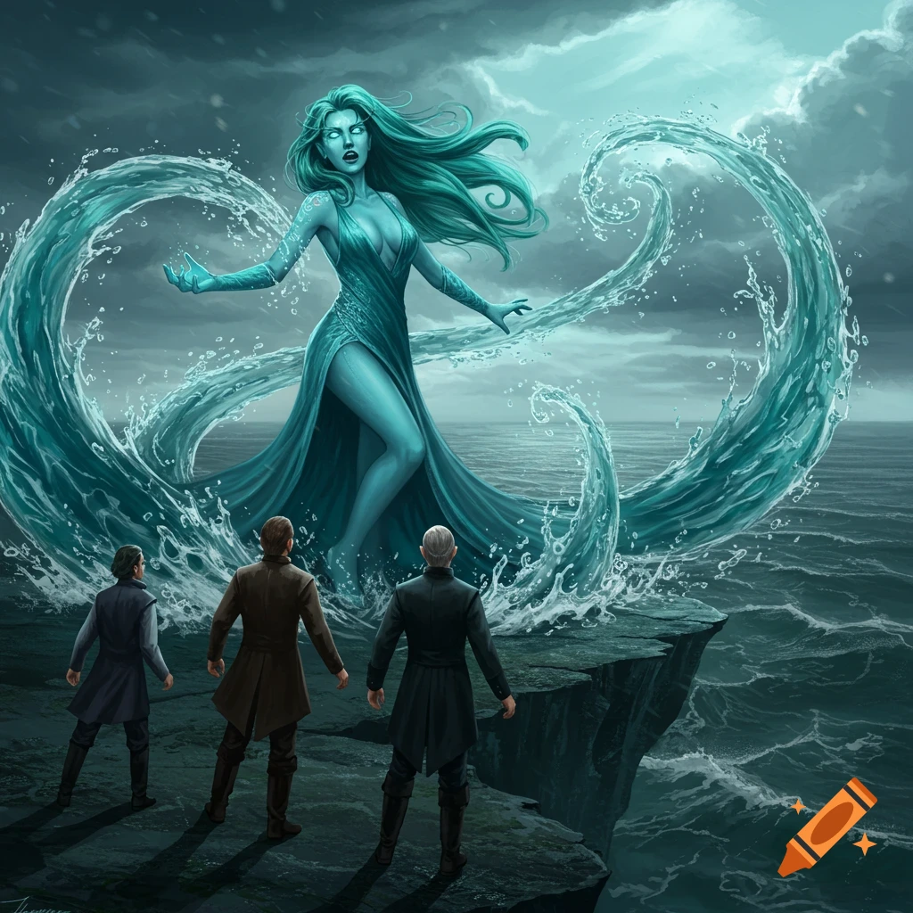 A giant female water elemental rising from the sea, observed by three men on a cliff.