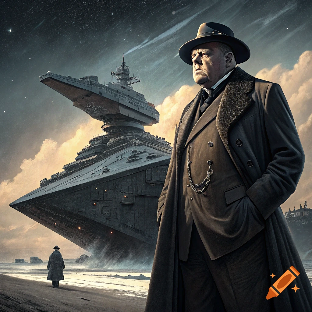 Winston Churchill stands before a massive Star Destroyer on a beach under a starry sky.