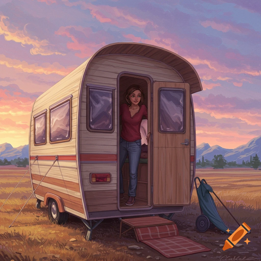 A woman stands in the doorway of a camper van in a field at sunset.