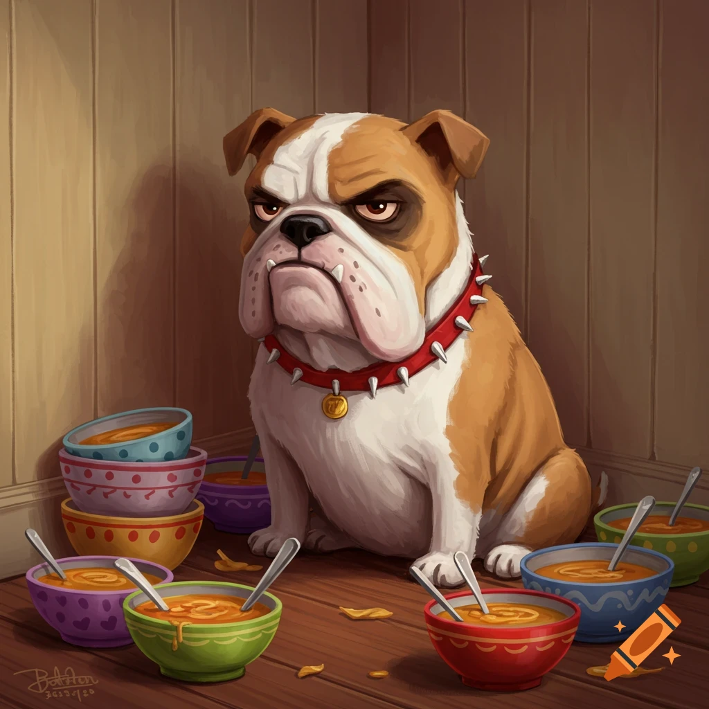 Cartoon grumpy bulldog sits in a corner surrounded by many colorful soup bowls.