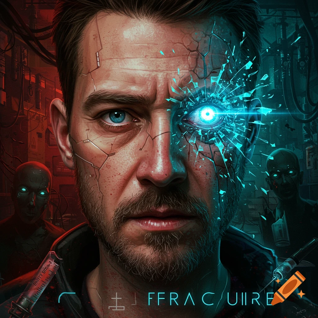 A man with a fractured face and glowing cybernetic eye in a cyberpunk setting.