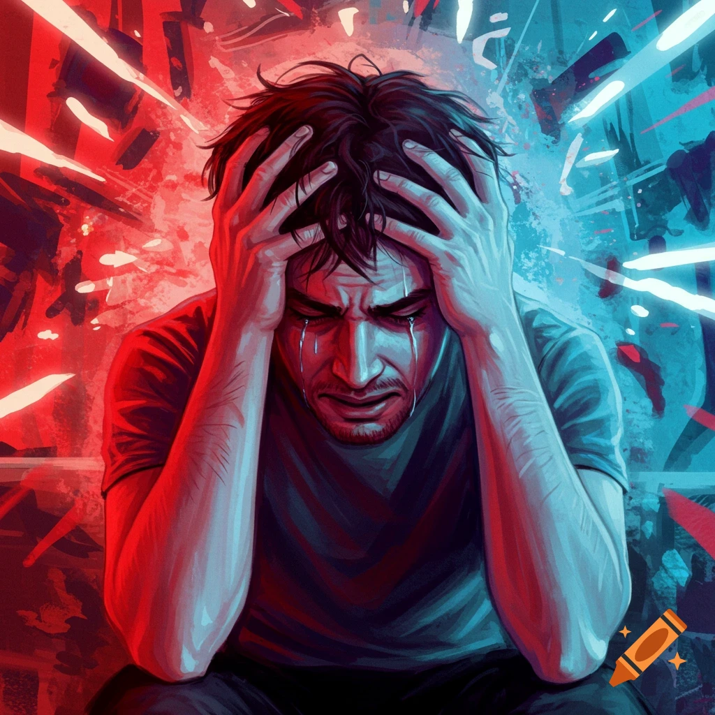 A person holding their head in distress, with tears, dramatic red and blue lighting.
