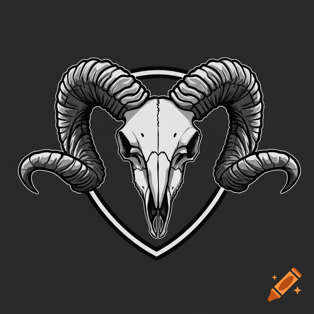 Graphic illustration of a ram skull with large curved horns centered in a shield shape on a dark background.