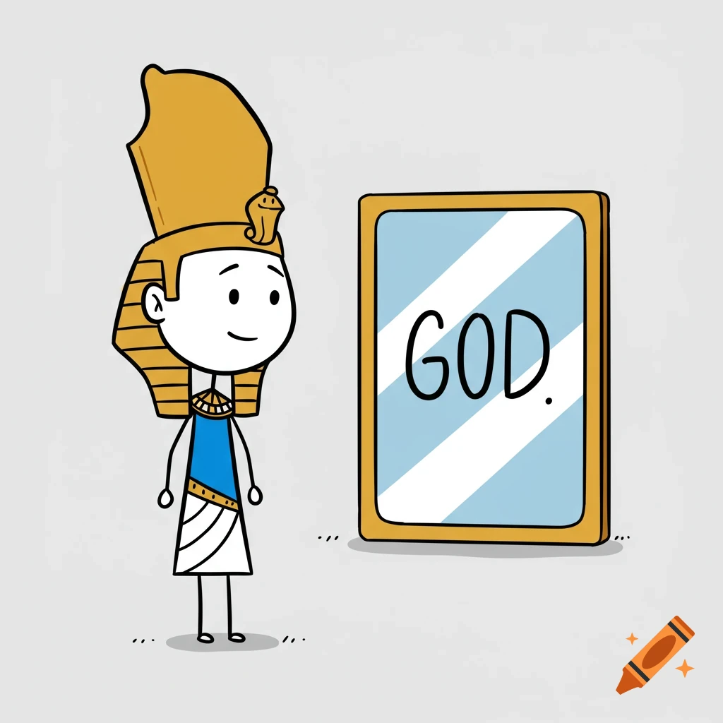 A stick figure pharaoh looks into a mirror that says "GOD." in a simple cartoon style.