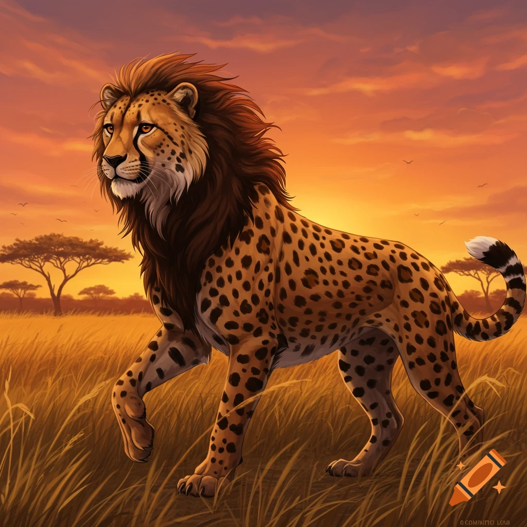 A cheetah-lion hybrid walks through tall grass in a savanna at sunset.