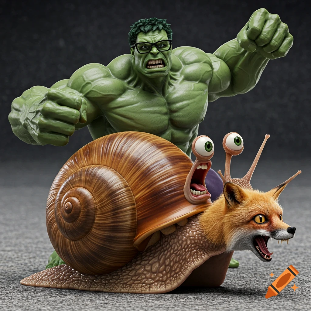 Hulk-like figure with glasses behind giant snail with a fox riding on it, all with surprised expressions.