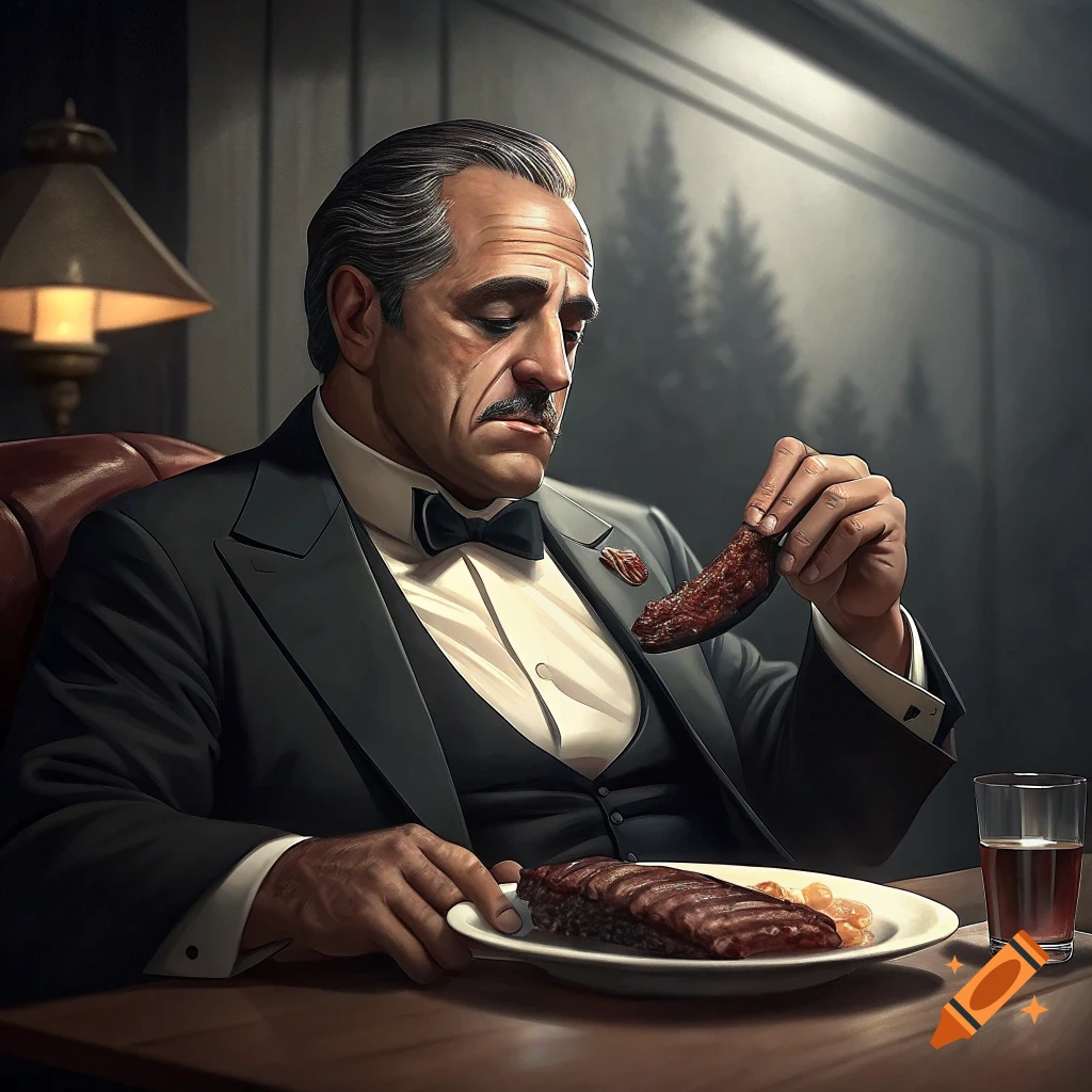 A man resembling The Godfather sits at a table eating ribs.