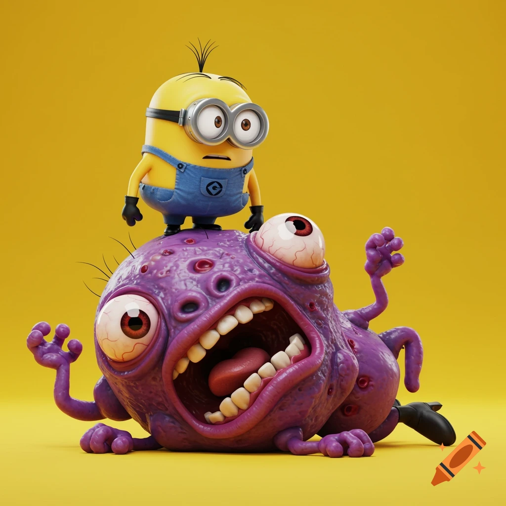 A Minion stands on top of a screaming purple monster with multiple eyes on a yellow background, rendered in a cartoony 3D style.