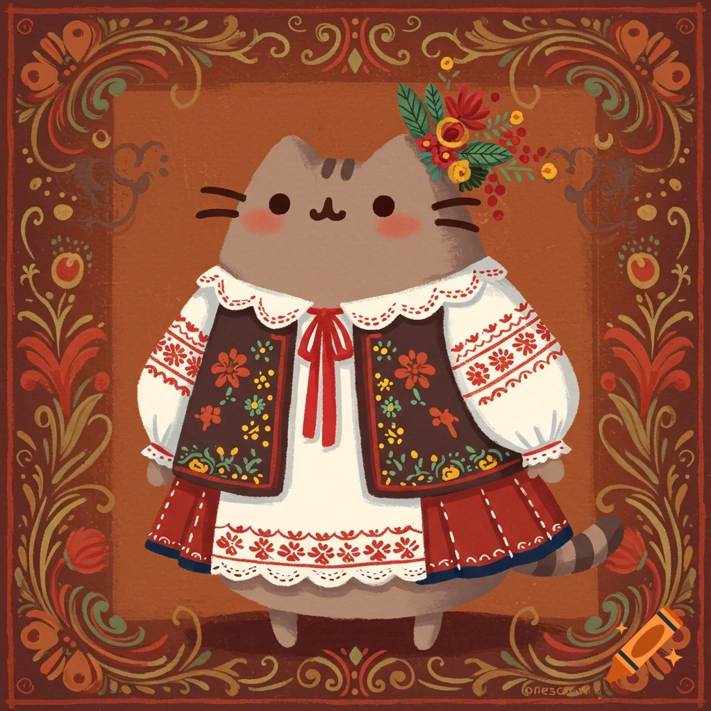 Cartoon cat in traditional Slavic folk dress with floral headband, in a decorative frame.