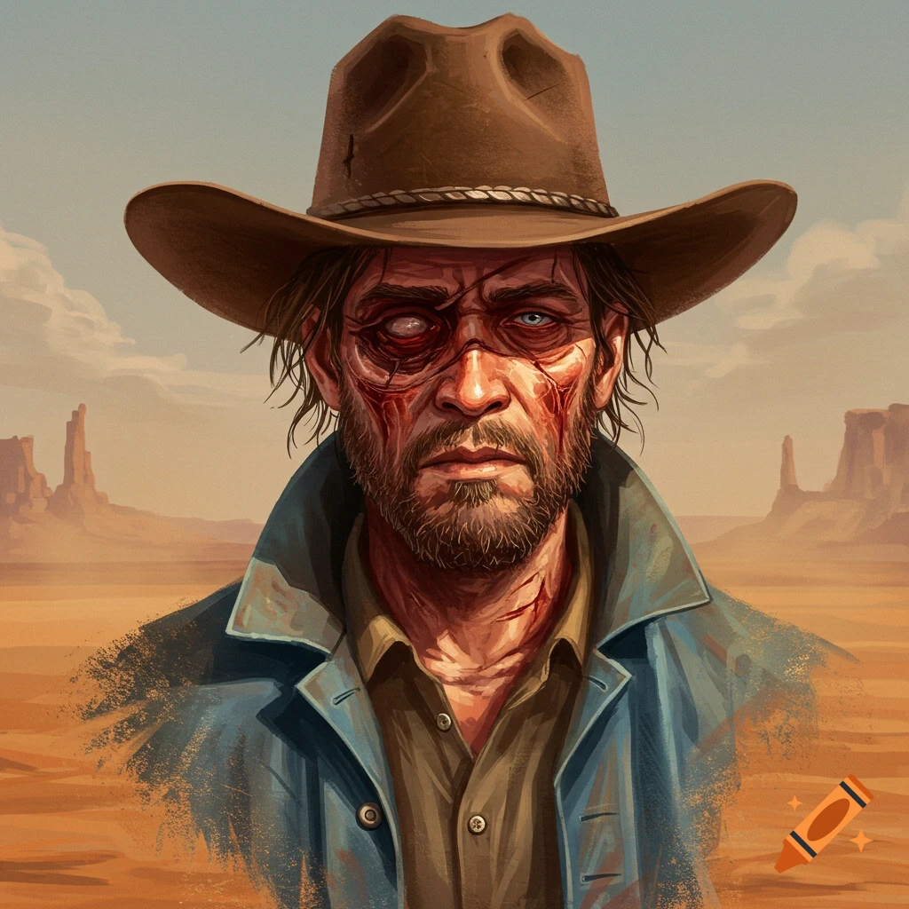 A cowboy with facial injuries and a missing eye in a desert landscape