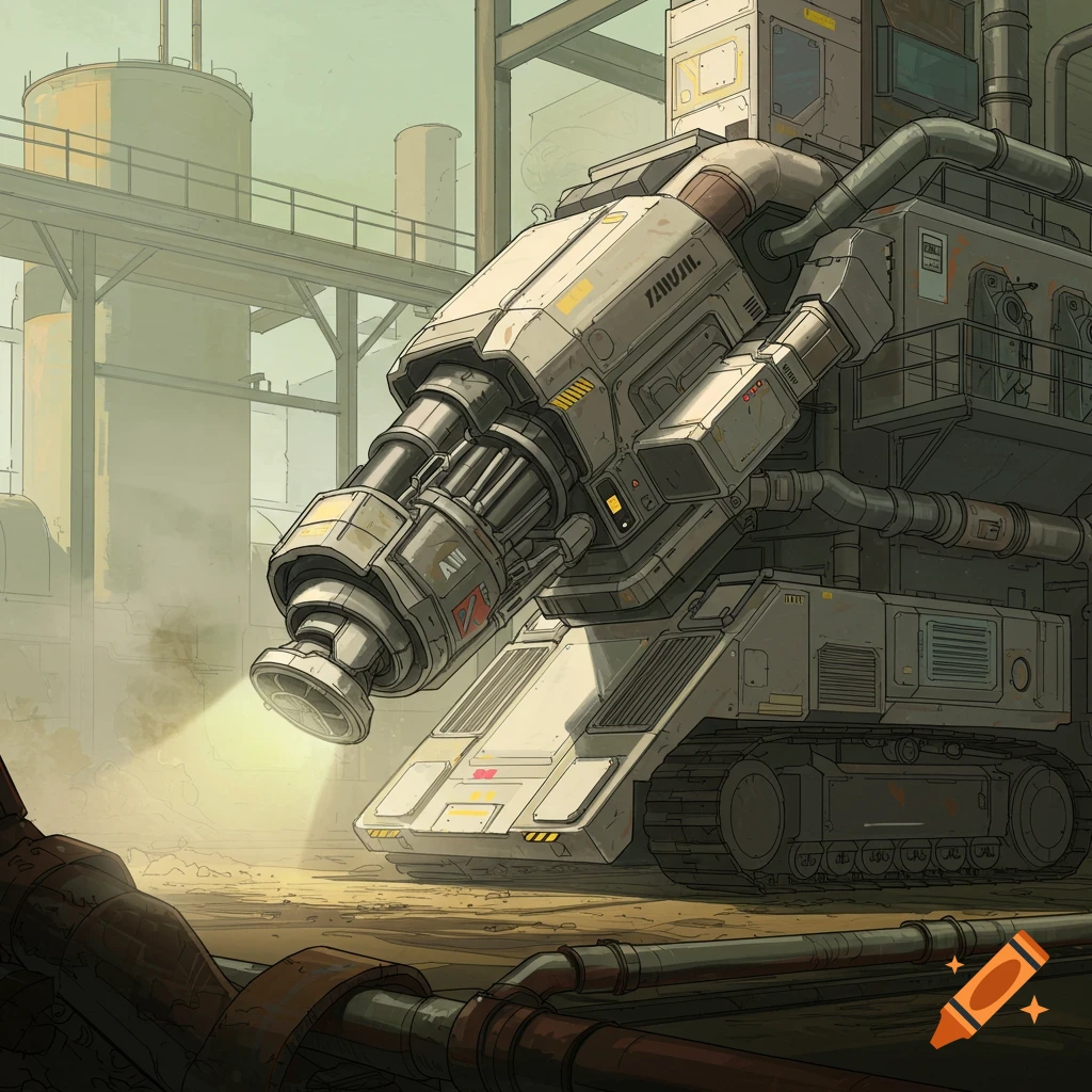 A large tracked remediation machine with a massive arm in an industrial setting.