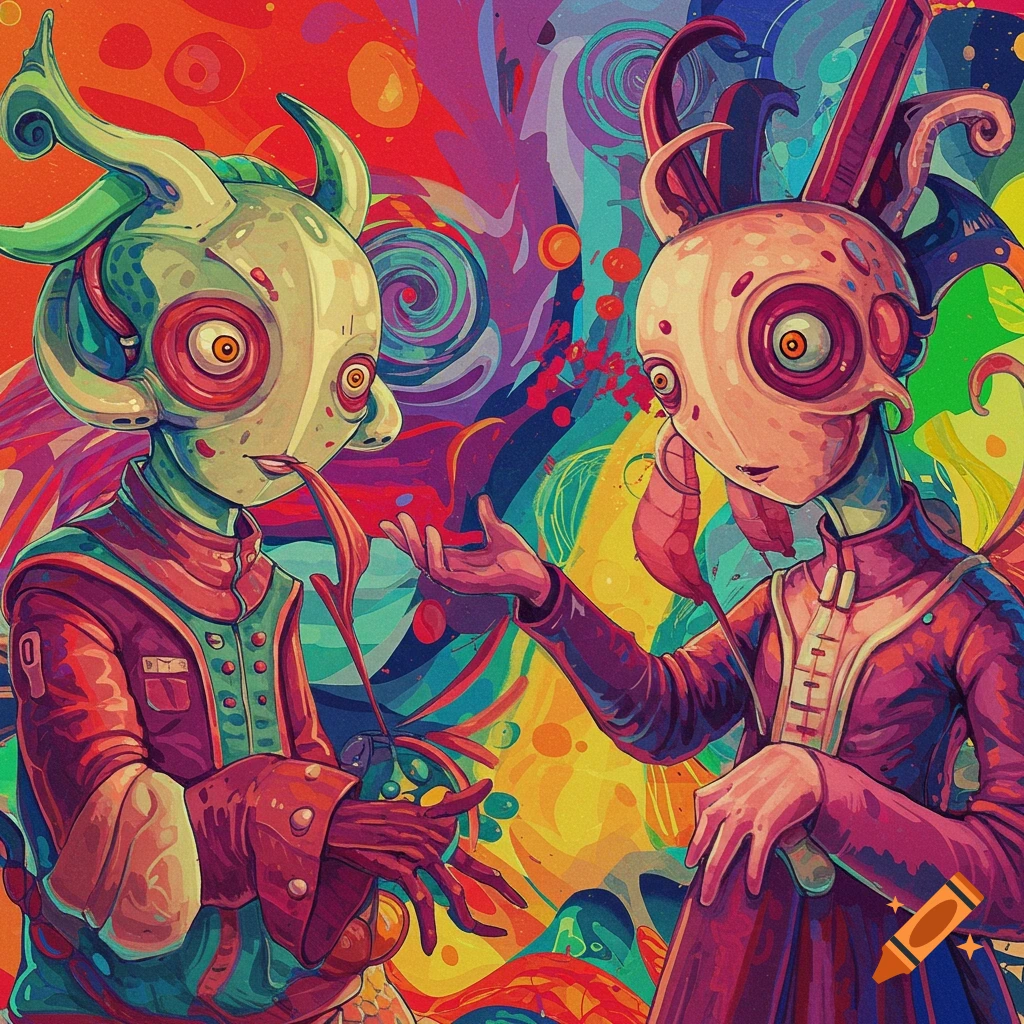 Digital illustration of two stylized alien creatures with large eyes in a vibrant, colorful abstract setting.