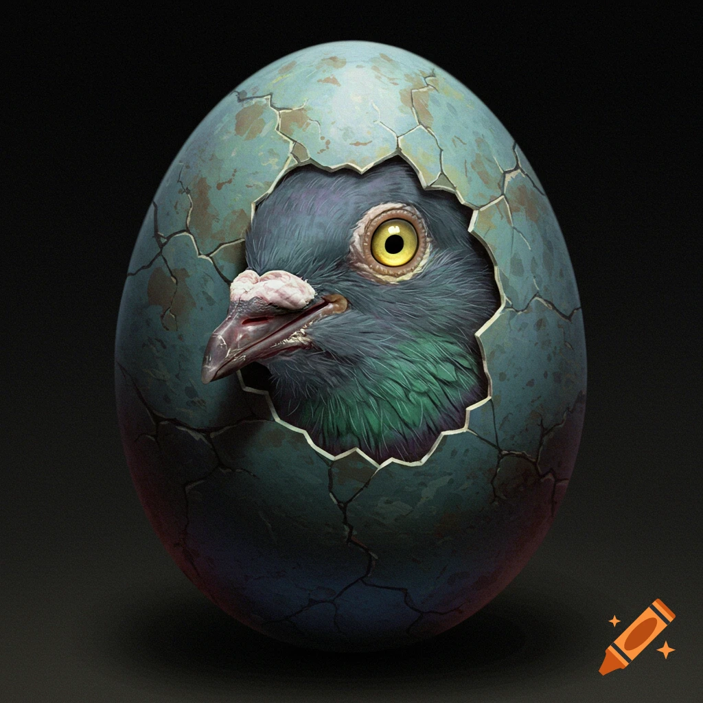 A pigeon's head emerging from a cracked egg.