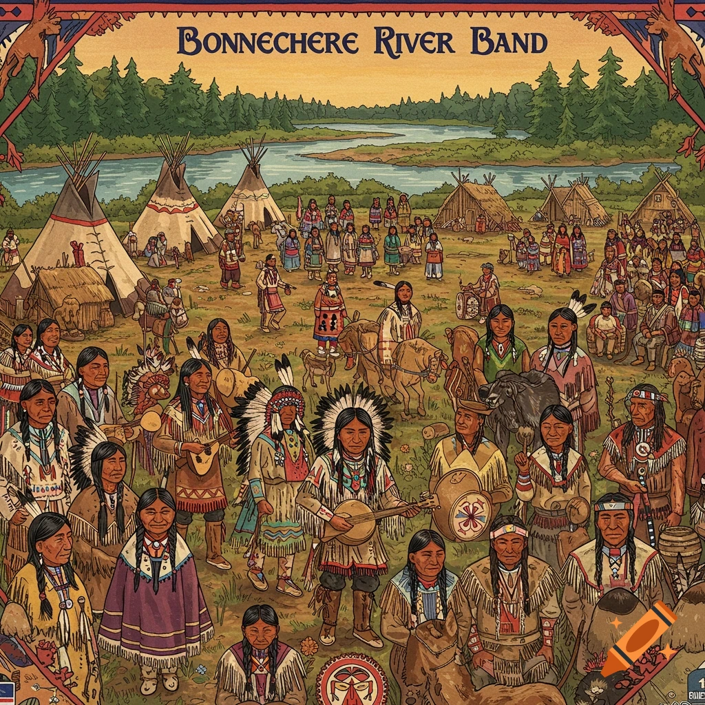 A large group of Native American people gathered by a river with tents and trees.