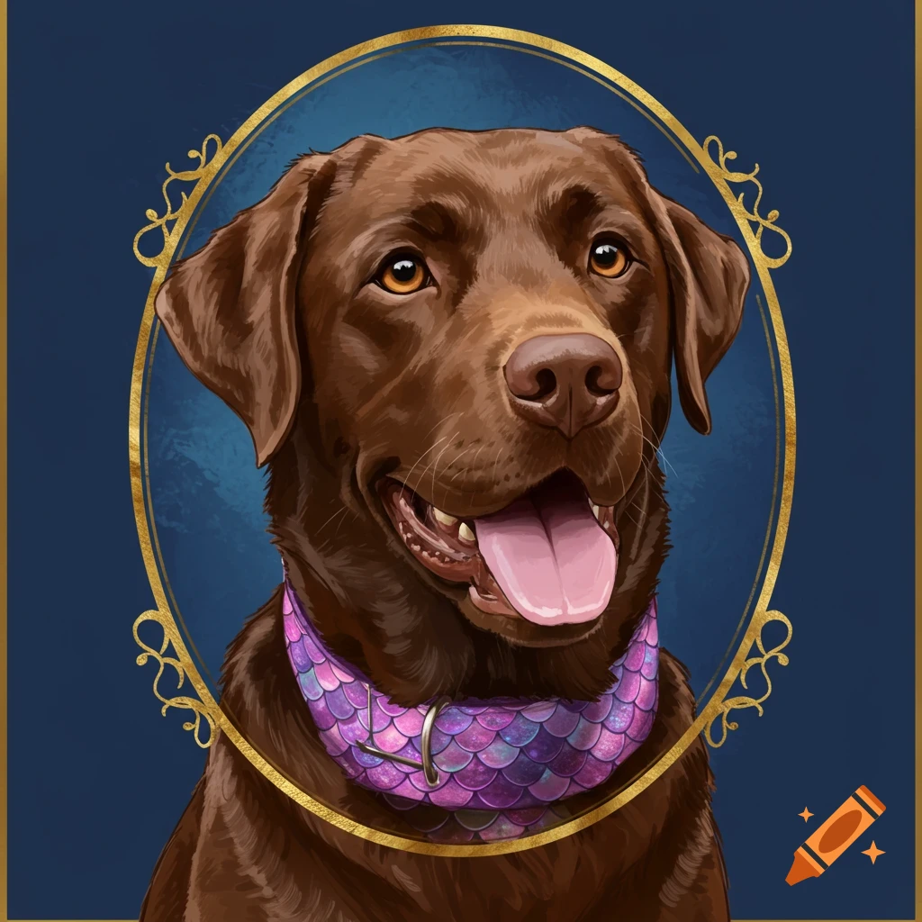 A brown Labrador retriever in a gold oval frame, wearing a purple and pink mermaid scale collar.