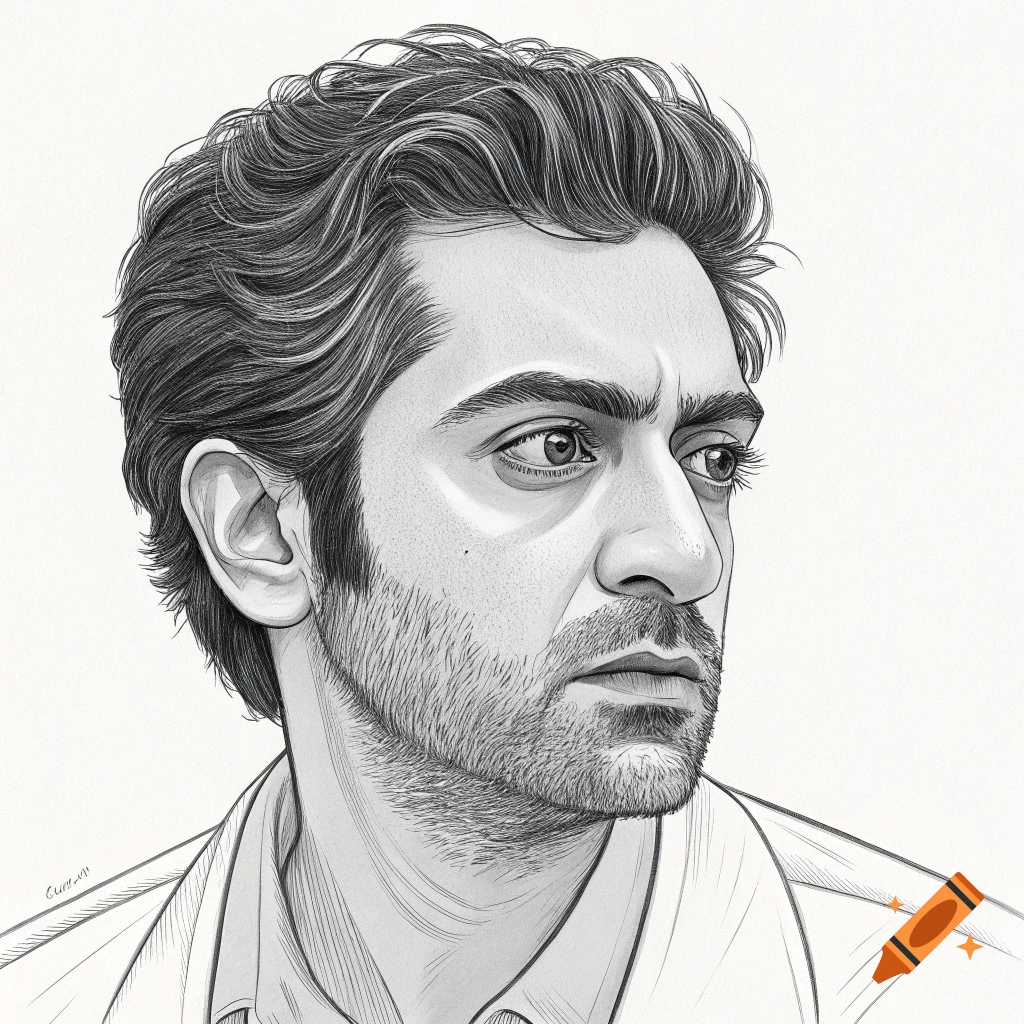 A black and white sketch portrait of a man looking right.
