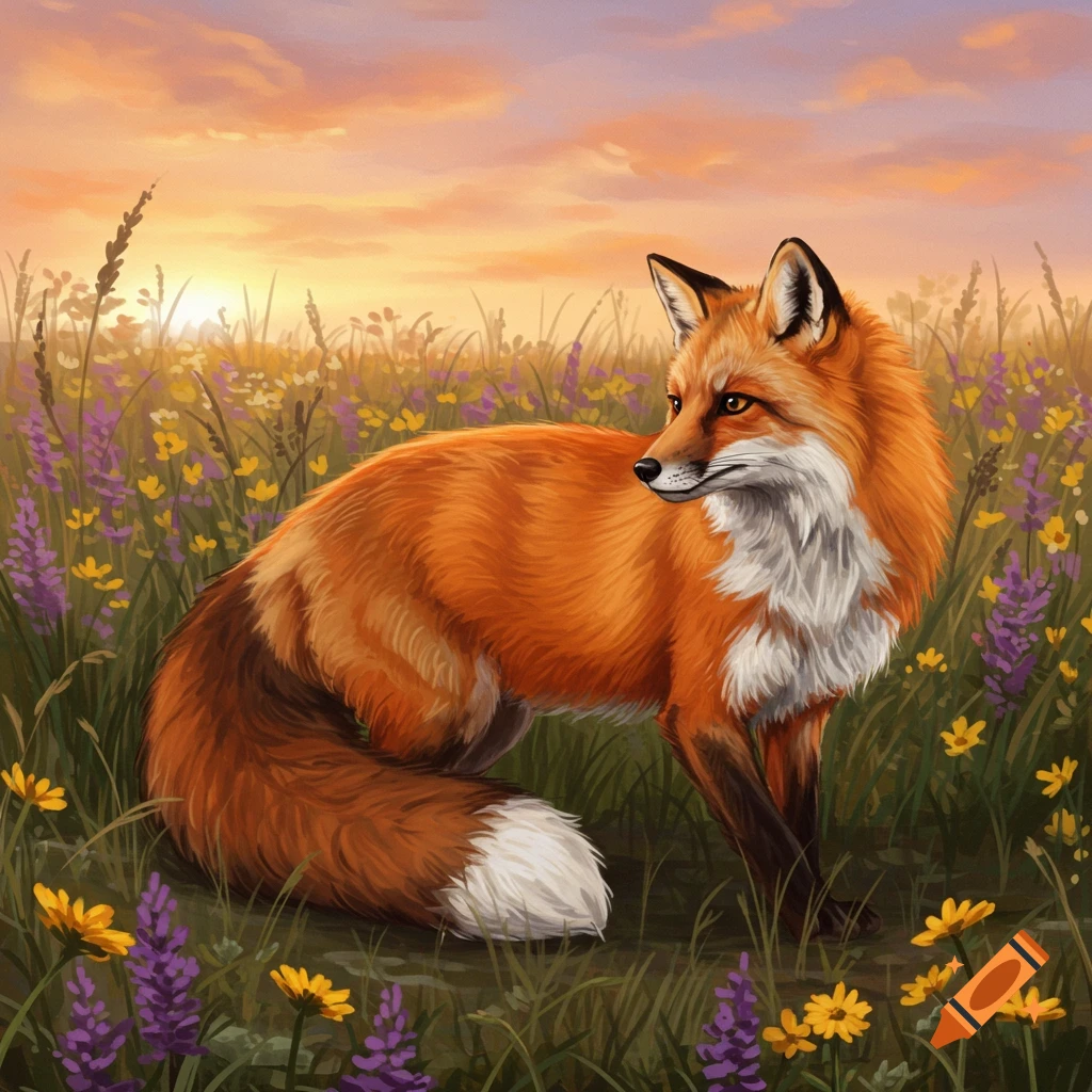 A red fox sitting in a meadow filled with purple and yellow flowers under a cloudy sunset sky.
