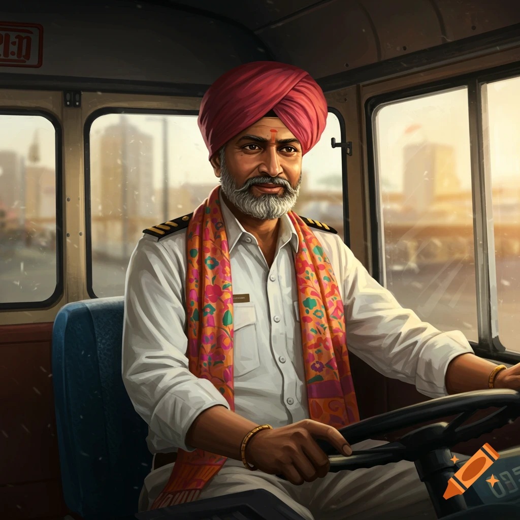 A man wearing a turban and scarf is driving a bus and looking at the viewer.