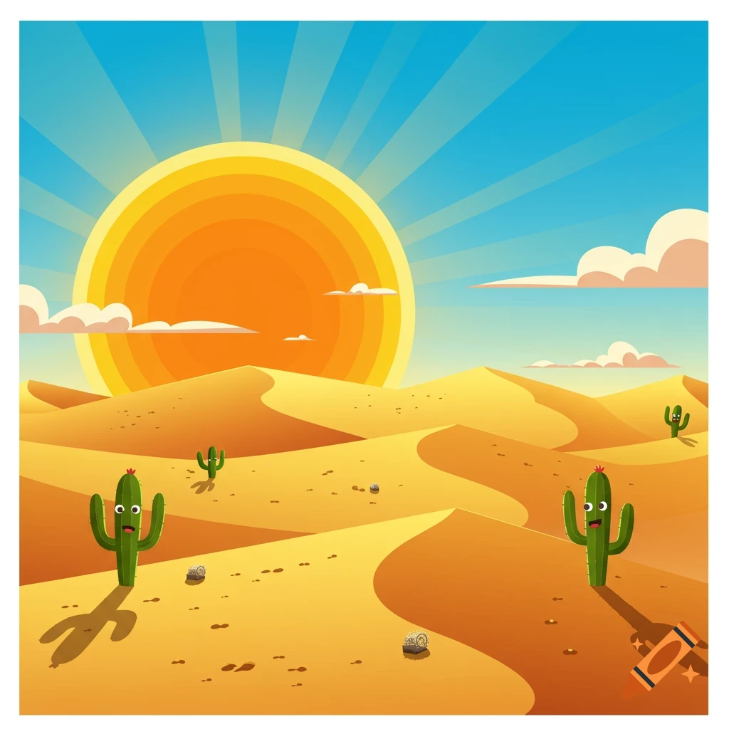 A cartoon desert landscape with rolling sand dunes, cartoon cacti with faces, and a large bright sun in the sky.