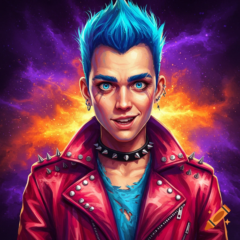 A person with blue punk hair and a red studded leather jacket against a space background.