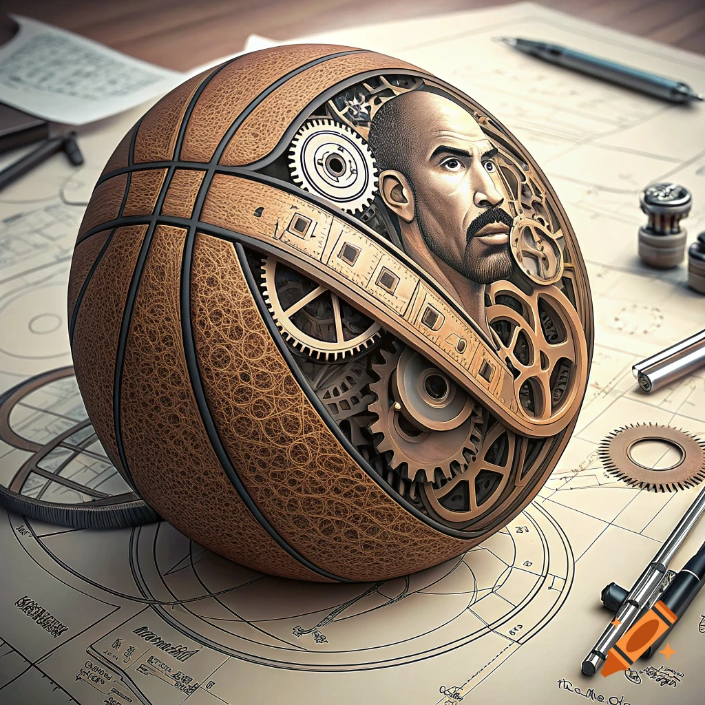 A detailed steampunk basketball with gears and a mechanical face inside, resting on blueprints.