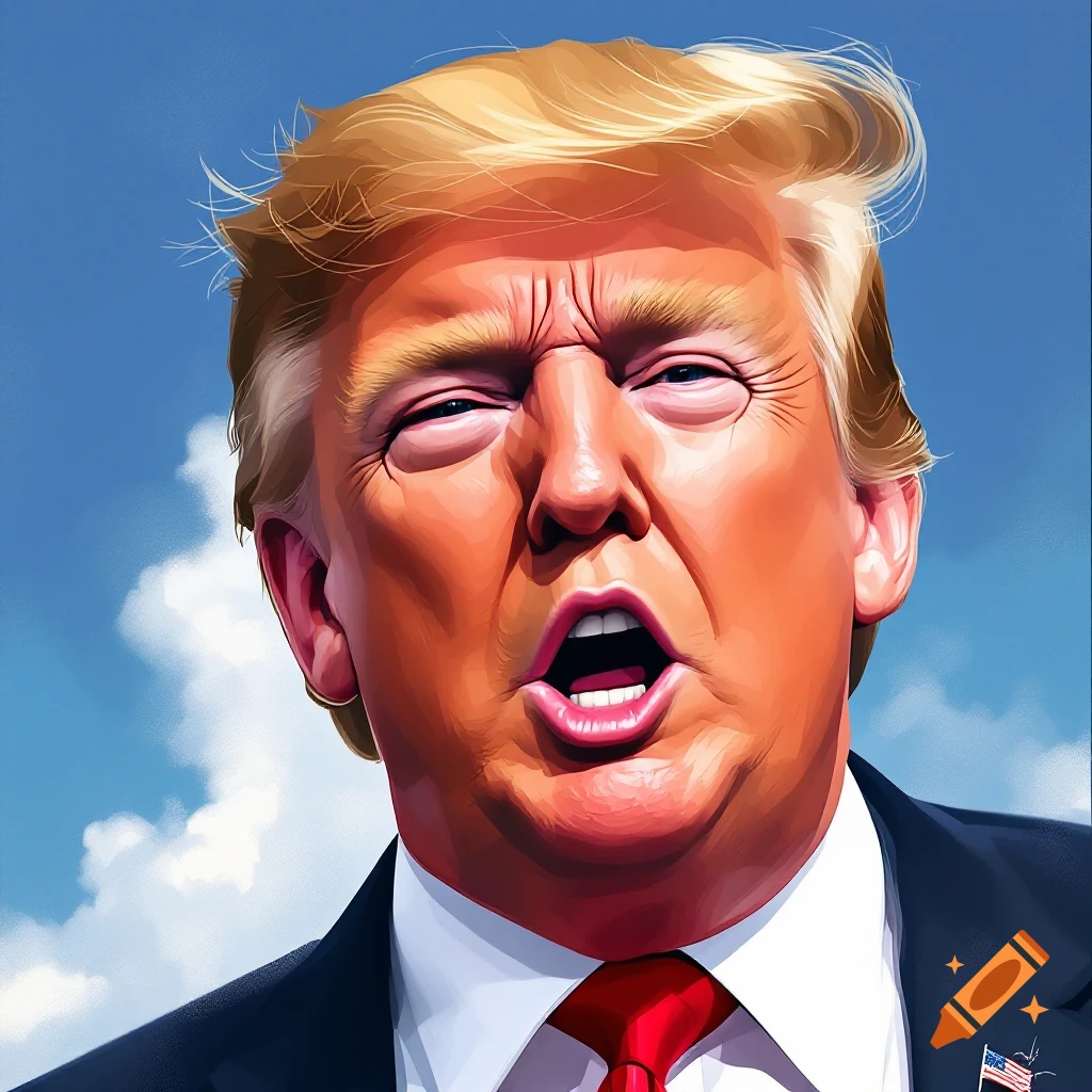 Portrait of Donald Trump speaking against a sky background.