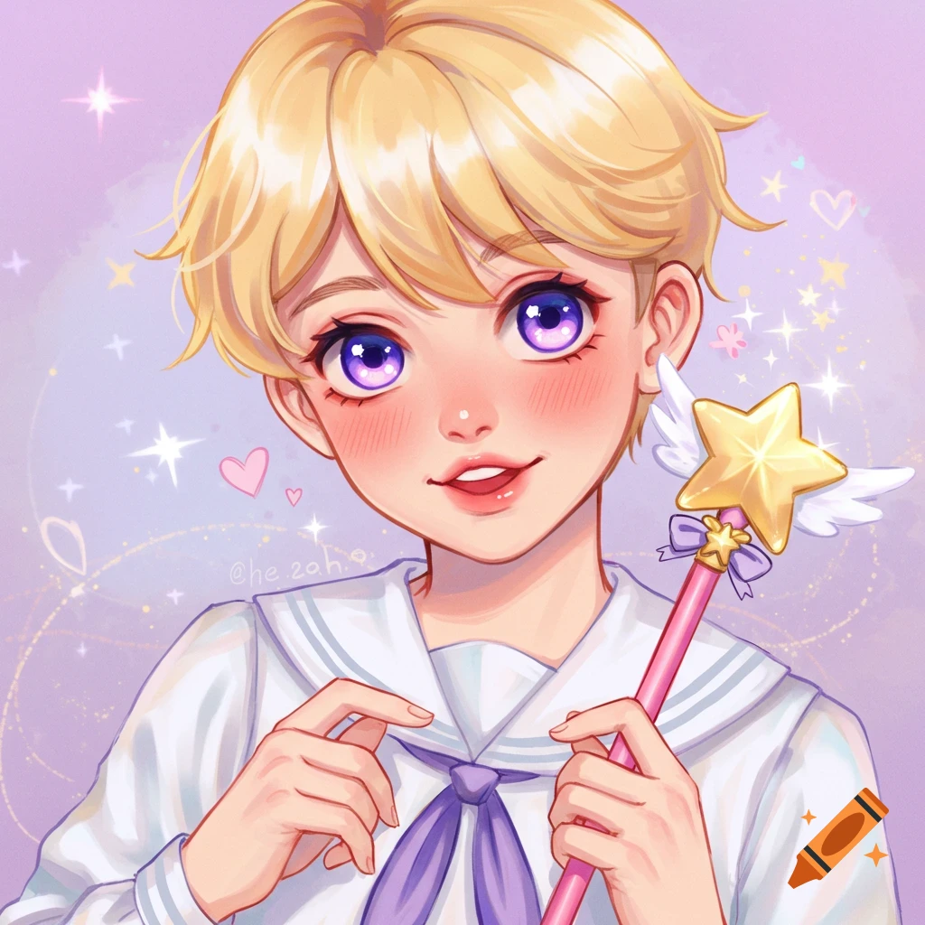 Anime illustration of a blonde character in a sailor suit holding a star wand.