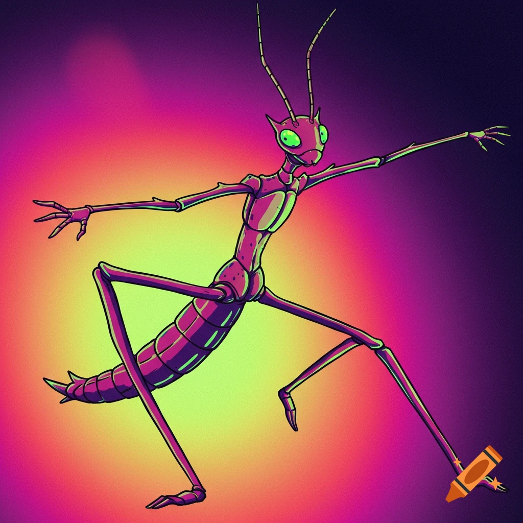 Stylized depiction of a pink and purple stick bug creature with green eyes, posed against a vibrant gradient background.