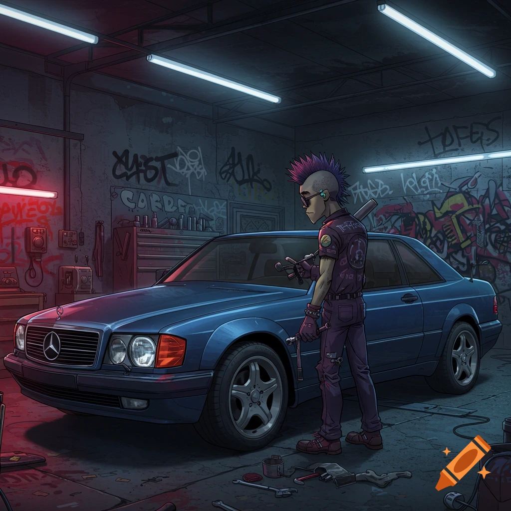 Cartoon technician in a garage stands next to a blue Mercedes car, in a Gorillaz art style