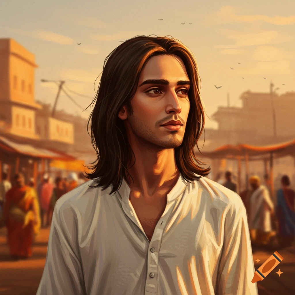A man with long brown hair in a white shirt stands in a bustling market at sunset.