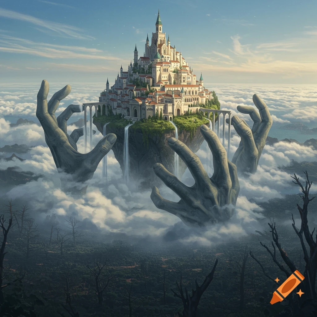 A medieval city on a floating island held by giant hands above a dead forest.