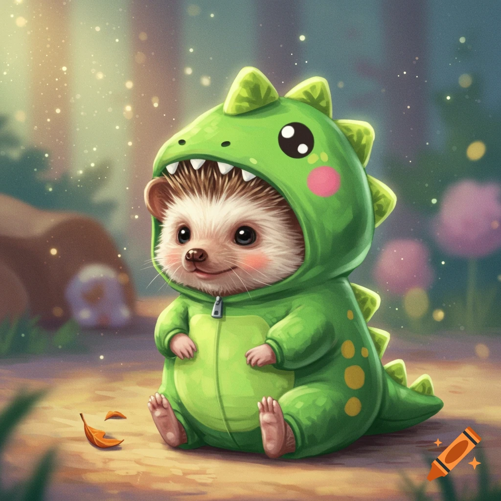 Cute baby hedgehog in a green dinosaur costume sitting outdoors.