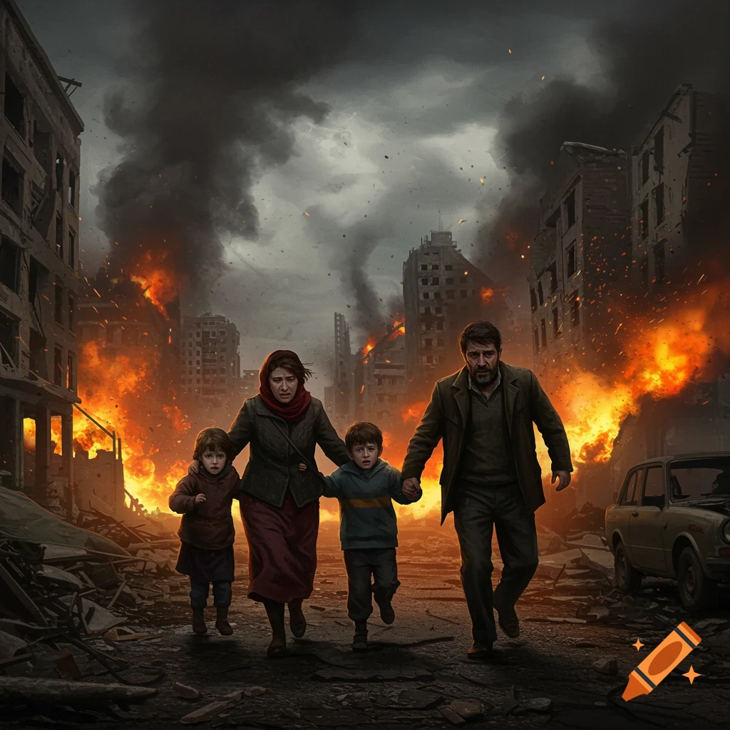 A family is fleeing through a war-torn city street engulfed in fire and smoke.