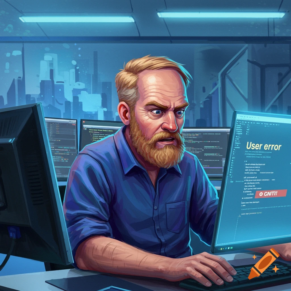 A man reacts in surprise to a 'User error' on his computer screen while coding.