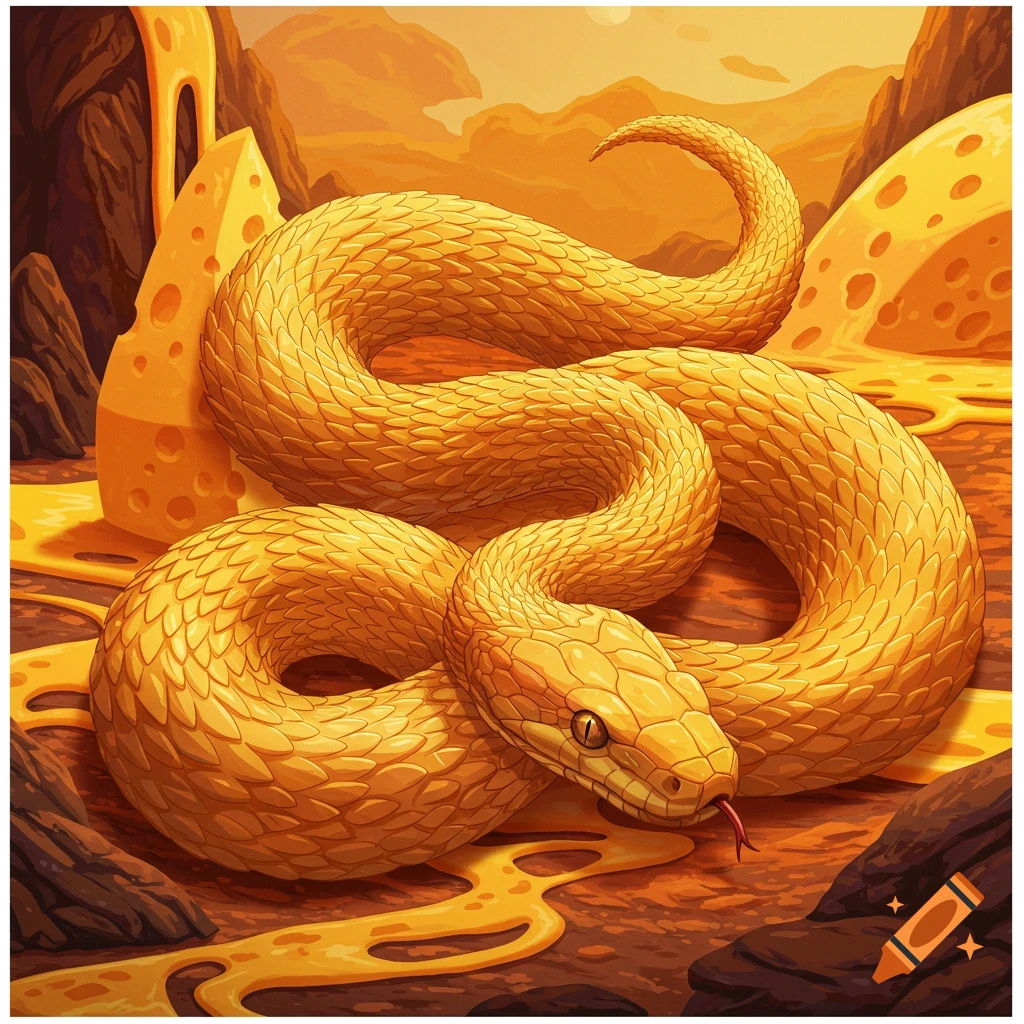 A large yellow snake coiled next to large chunks of cheese in a stylized landscape.