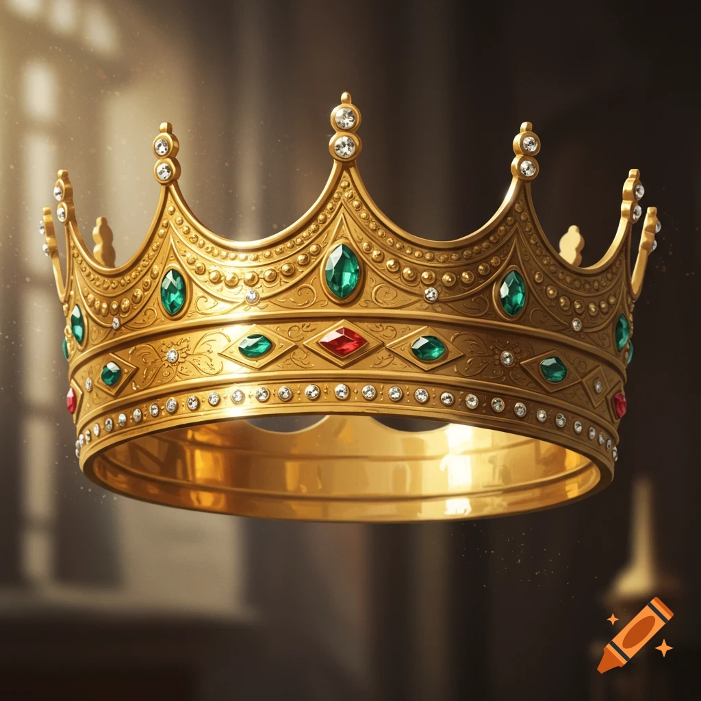 A golden crown adorned with red and green jewels and diamonds, against a dark background.