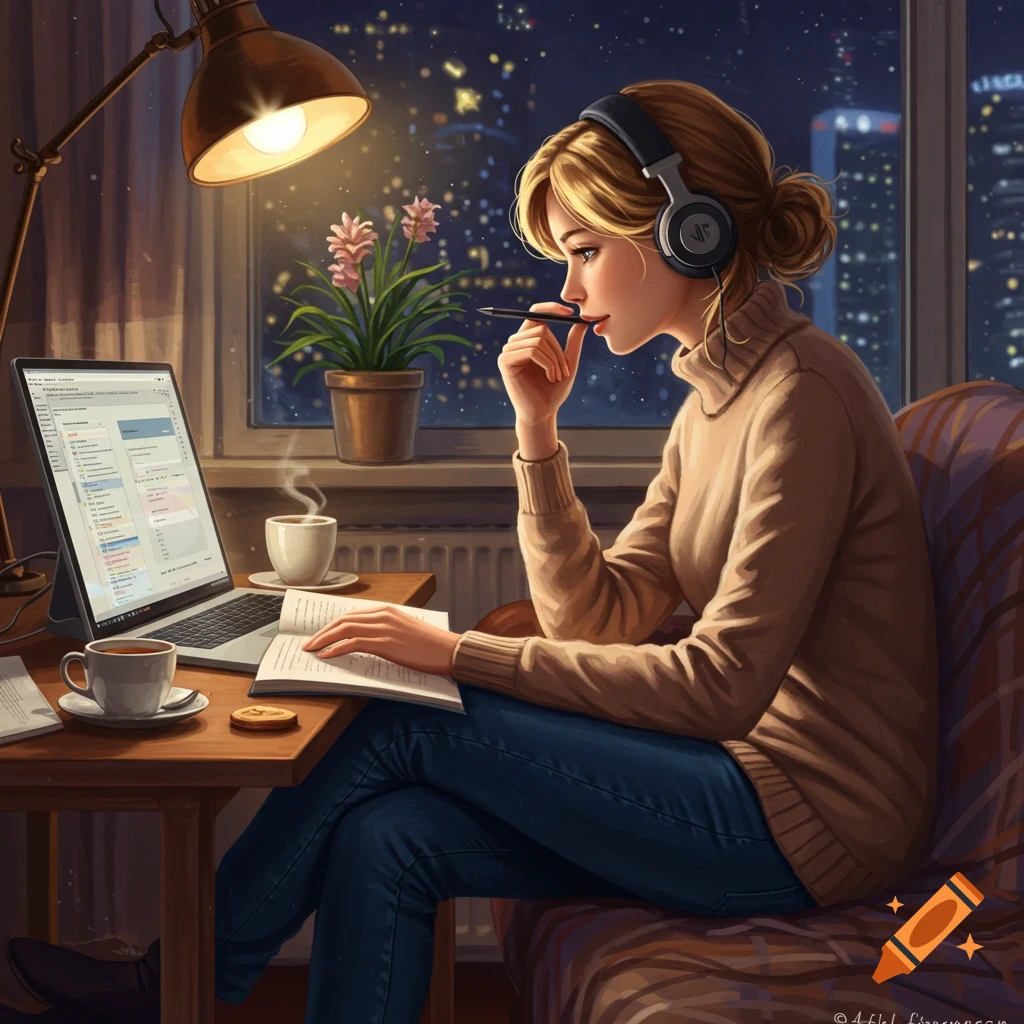 An illustration of a woman wearing headphones, working on a laptop at a desk at night, with a cup of tea and books.