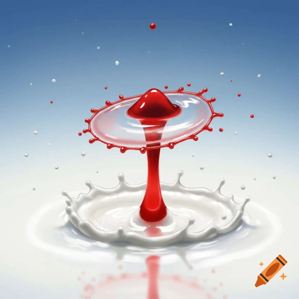 A red liquid drop splashing into white liquid