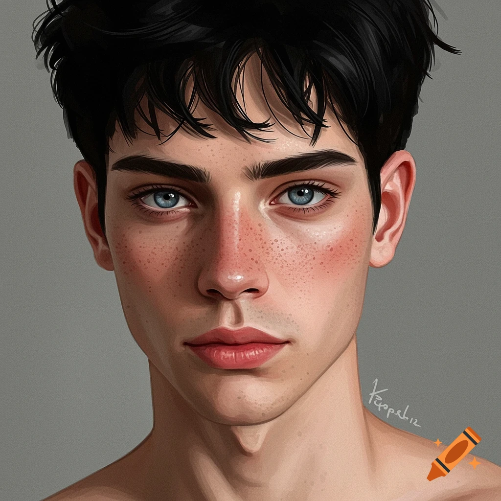 A young person with dark hair, blue eyes, and freckles looking at the viewer.