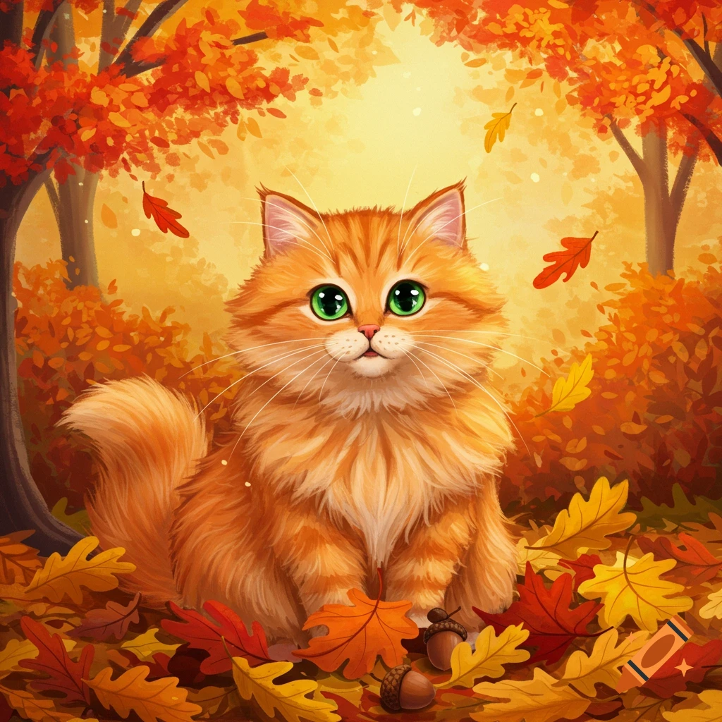 A cute orange cat sits among colorful fallen leaves in an autumn forest.