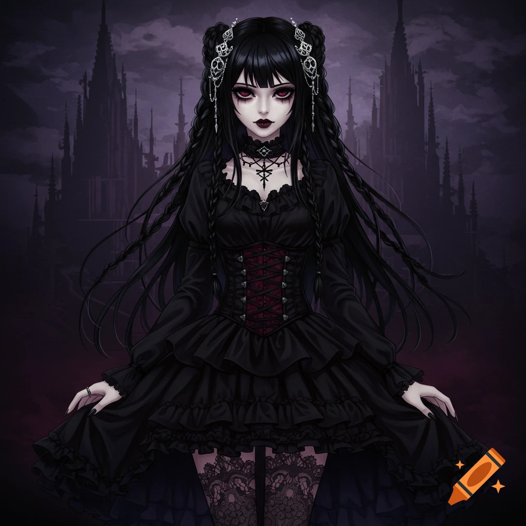 Gothic anime girl with long black hair and red eyes in a black dress standing before a dark castle.