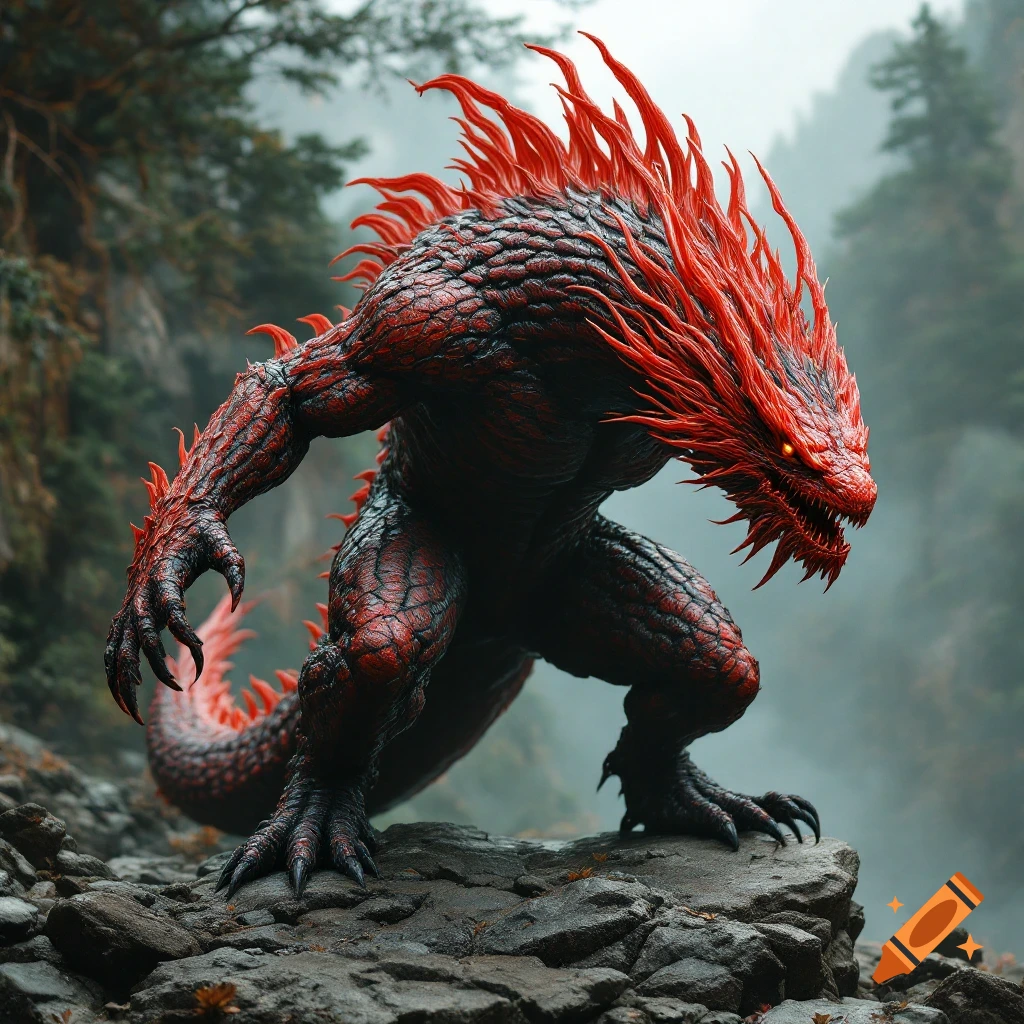 A red and black scaly monster with fiery red spikes stands on rocks in a misty forest.