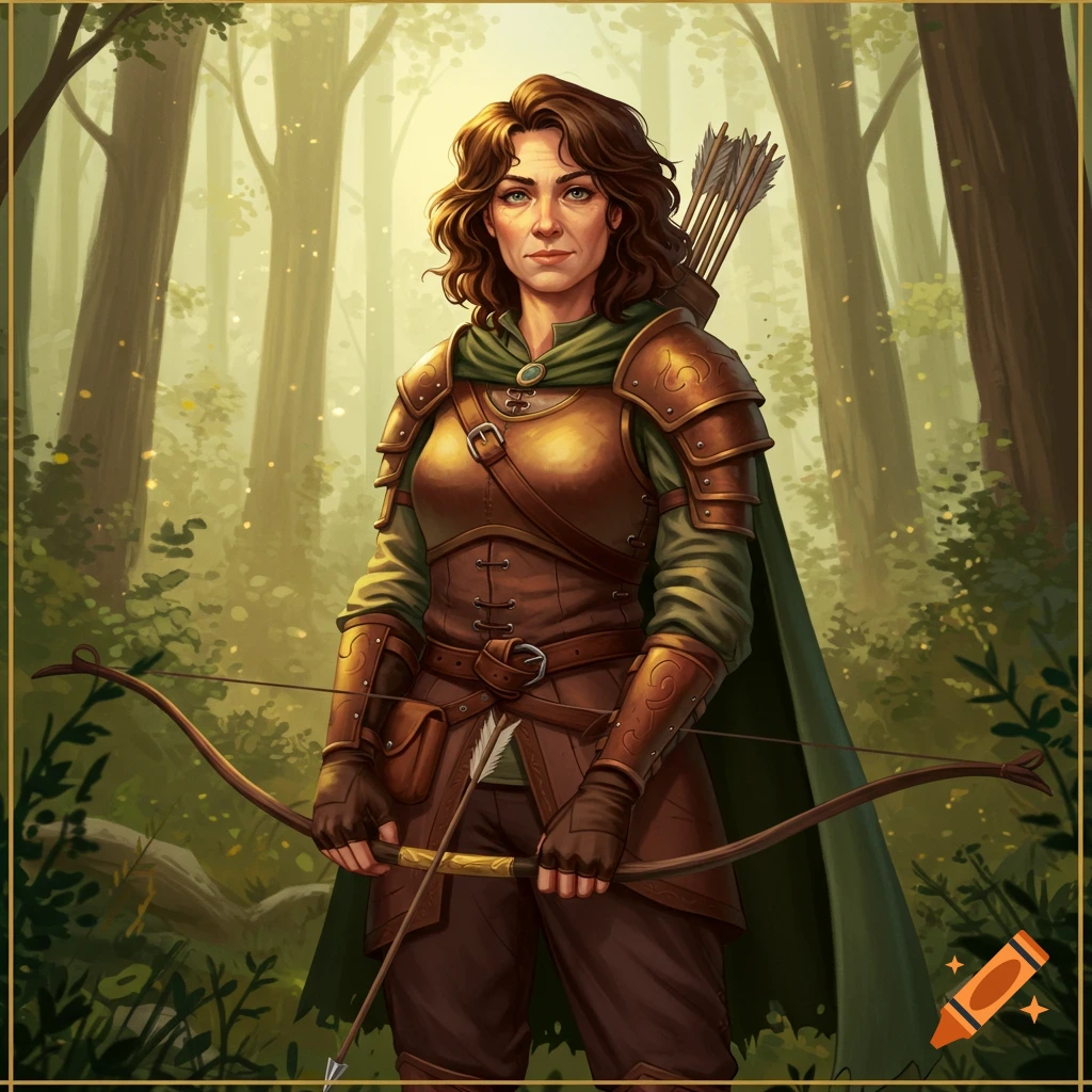 A female fantasy ranger holds a bow in a sunlit forest.
